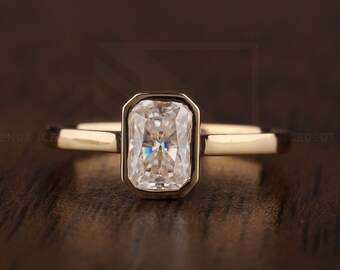 Radiant Cut Moissanite Ring 1.00CT Solitaire Low Profile Handmade Engagement Ring Gold Ring Delicate Bezel Set Wedding Ring Anniversary Gift