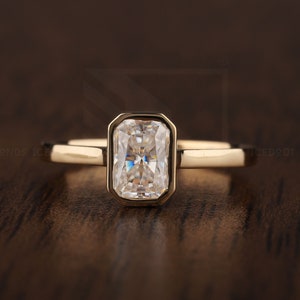 Radiant Cut Moissanite Ring 1.00CT Solitaire Low Profile Handmade Engagement Ring Gold Ring Delicate Bezel Set Wedding Ring Anniversary Gift