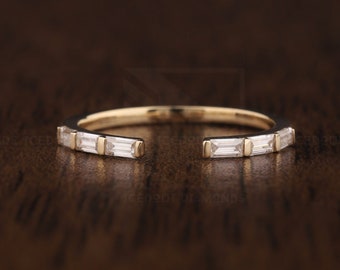 Open Baguette Moissanite wedding band, 14K Yellow Gold Customize Open Gap matching bands, antique stacking anniversary promise bridal band.