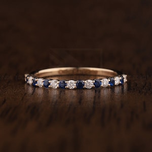 1.80MM Blue sapphire stacking Anniversary band Round Sapphire and Moissanite Alternate Promise wedding in14K Yellow Gold Best gifts for her