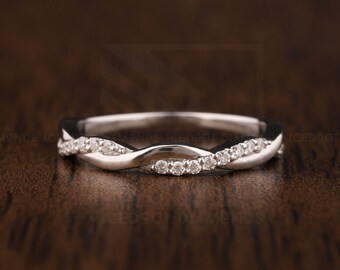 0,15 TW ronde kleurloze Moissanite cross-over band, halve eeuwigheid stapelbare band, bijpassende band, Infinity vrouwen trouwring, witgoud
