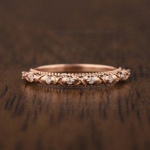 Vintage Moissanite Wedding band Art deco Half eternity engagement band 14K Rose gold Stacking matching band Unique bridal Milgrain band
