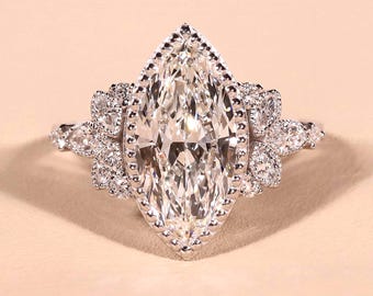 Anillo de compromiso de diamantes marquesa de 3 quilates de inspiración vintage, anillo de boda con halo milgrain, anillo de diamantes en racimo de oro macizo estilo art déco para ella