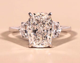 Anillo de compromiso de tres piedras con diamantes cultivados en laboratorio, talla cojín alargada, anillo de diamantes de fantasía con piedra lateral Cadillac, anillo de trilogía de estilo vintage, regalo.