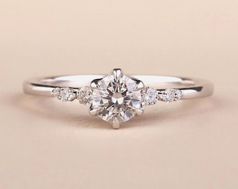 Zierlicher runder, im Labor gewachsener Diamant Versprechensring, Diamant in Klauen Zacken gefasst, Diamant Verlobungsring für Frauen, Ring in Gelb, Weiß, Roségold