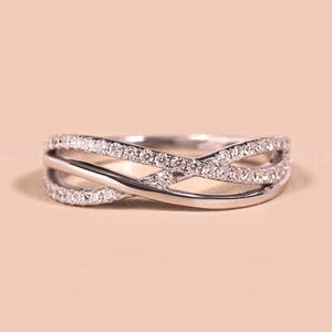 Lab Diamond Double Band Wedding Ring, Crossover Minimalist Ring, Pave Overlapping Ring, Half Eternity Ring For Women, Anniversary Gift Ring