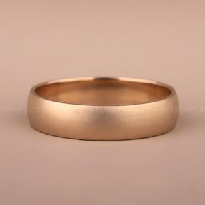14k Solid Yellow Gold Plain Domed Wedding Band 4mm Matte Finished Gold Ring Classic Dome Comfort Wedding Band Men and Women&#39;s Engraved Ring