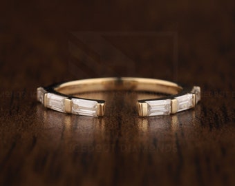 Open Baguette Moissanite wedding band, 14K Yellow Gold Customize Open Gap matching bands, antique stacking anniversary promise bridal band.