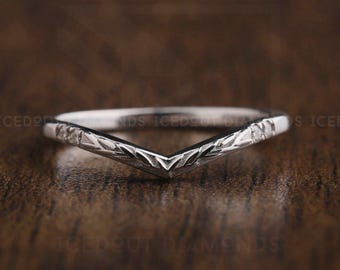 Nature Inspired Leaf Moissanite Curved Wedding Band Solid Gold Wedding Ring Moissanite Stacking Matching Rings Personalized Gift For Her
