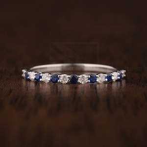 2 MM Blue sapphire stacking matching Anniversary band Round Sapphire and Moissanite Alternate Promise wedding White Gold Best gifts for her