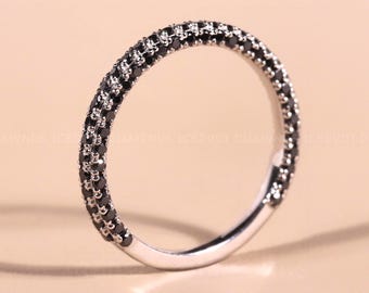 Black Moissanite Wedding Ring 3/4 Eternity Minimalist Ring, 14K Solid White Gold Three Side ring Women ring 3D Row Black Round Stacking Band