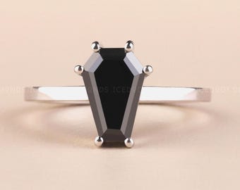 Coffin Cut Black Moissanite Solitaire Ring Coffin Engagement Ring Unique Wedding Ring Black Coffin Ring For Anniversary Gift White Gold Ring
