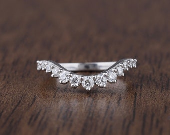 Vintage Diamond wedding band white gold Round cut Moissanite matching band women Stacking Band curved wedding band Anniversary Gift ring