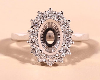 Vintage Inspired Diamond Halo Ring Setting, Princess Diana Semi mount ring 14K Solid Gold,  Halo Engagement Ring Wedding Ring Stackable Ring
