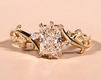 Emerald Cut Vintage Lab Grown Diamond Engagement Ring YellowGold Floral Natural Inspired  Handmade IGICertified Ring Proposal Custom Jewelry