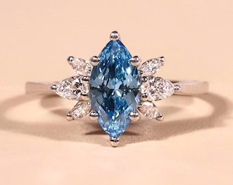 1.01CT Marquise Cut Blue Diamond Ring, IGI Certified Lab Grown Diamond Ring, Cluster Engagement Ring, Wedding Ring Anniversary Gift for Her