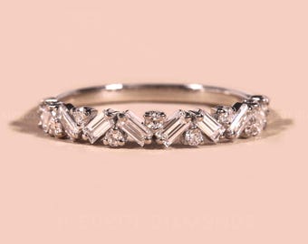 Anillo de boda de media eternidad con diamantes baguette y redondos, oro de 14 quilates, delicado diamante cultivado en laboratorio, anillo apilable, anillo de boda vintage a juego, anillo Art Déco