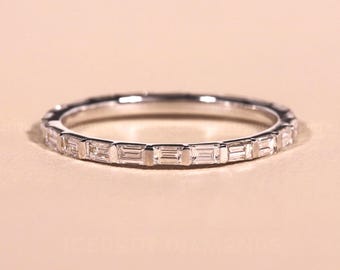Anillo de eternidad completo con diamantes cultivados en laboratorio de talla baguette de 14 k, anillo de eternidad completo, anillo de bodas delicado, anillo de diamantes apilables, regalo de diseño minimalista para ella