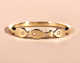 Minimalist Fish Ring Lab Created Pearl eye Fish Ring Kissing Fish Ring Gold Christianity Symbol Fish Ring Yellow Gold Fish Gift Fishing Ring