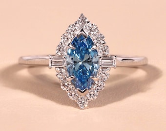 0.80CT Vivid Blue Marquise Cut Round halo Lab Grown Diamond Engagement Ring Cathedral Setting Ring Proposal Custom Jewelry Anniversary Gift
