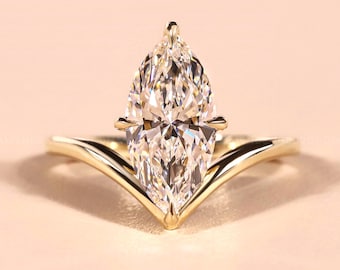 Vintage V Shape Marquise Cut Lab Grown Diamond Engagement Ring, 14k Yellow Gold Chevron Wedding Ring, Unique Solitaire Promise Ring for Her
