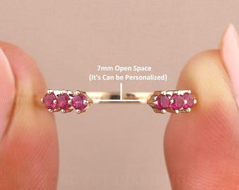 Roze robijn open drie stenen trouwring, trouwring bewaker, minimalistische stapelring, unieke diamanten trouwring, diamanten manchetring