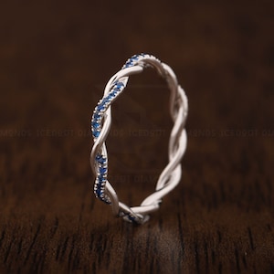 Infinity Sapphire wedding band White gold full eternity band Twisted delicate twining micro pave bridal matching dainty stacking promisering