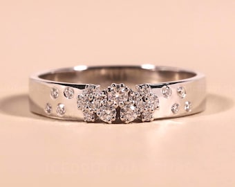 Scattered Diamond Engagement Band, 4MM Wider Lab Grown Flush Diamond Wedding Band,14K Gold Cluster Anniversary Ring, Minimalist Promise Ring