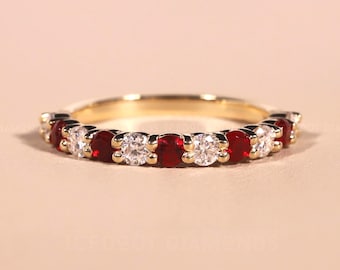 2.50MM Red Ruby stacking matching Anniversary band Round Lab Created Red Ruby and Moissanite Alternate Promise wedding White Gold gift her