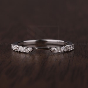 Notched Wedding band Marquise Moissanite Band Round and Marquise Diamond Band Matching Stackable Half Eternity Anniversary Band Gift For Her