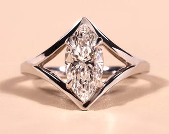 Split Shank Marquise Cut Lab Grown Diamond Engagement Ring 14k Yellow Gold Chevron Wedding Ring Band Unique Solitaire Promise Ring for Women