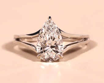 2CT Pear Lab Grown diamond Solitaire Split Shank Engagement Ring Teardrop 3 prong Setting ring 14K White solid gold ring Proposal Ring Gift