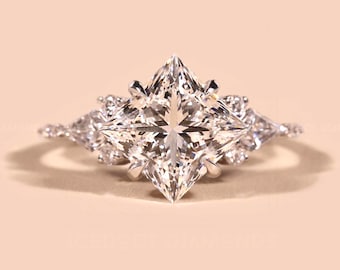 3.50CT Princess Lab Grown Diamond Cluster Engagement Ring Princess Cluster Wedding Ring 14K White Gold Side Kite cut Ring Anniversary Gift