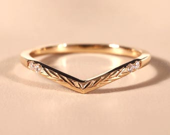 Anillo de bodas curvo de moissanita con forma de hoja inspirado en la naturaleza, anillo de bodas de oro macizo, anillos apilables de moissanita, regalo personalizado para ella.