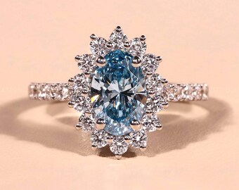 Vivid Blue Lab-Grown Oval Diamond Halo Engagement Ring, 14K Solid White Ring, Proposal Rings Flower Style Vintage Ring, Bridal Gift Ring
