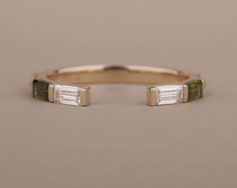 Open Baguette Peridot wedding band, 14K Yellow Gold Customize Open Gap matching bands, antique stacking anniversary promise bridal band.