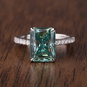 Cyan Blue Radiant Cut 5ct Moissanite Ring Blue Moissanite Engagement Ring Wedding Anniversary Gift 14K Women&#39;s Bridal Ring Alternative Ring
