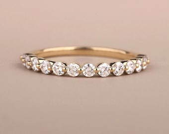 Bubble Prong Set Wedding Band Lab Grown Diamond Half Eternity Stackable Matching Band 14K Solid Yellow Gold Minimalist Anniversary Gift Band