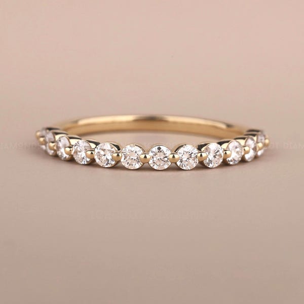 Bubble Prong Set Wedding Band Lab Grown Diamond Half Eternity Stackable Matching Band 14K Solid Yellow Gold Minimalist Anniversary Gift Band