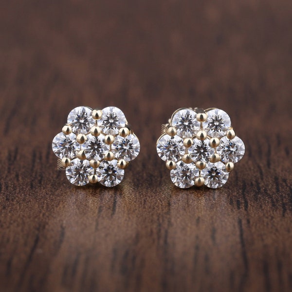 9mm Floral Cluster 3mm Round Cut Moissanite Stud Earring Anniversary Gift 14K Solid Yellow Gold Earring Screw Back Earring Gift For Mother