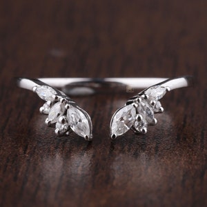 White Gold Open ring Delicate Diamond Wedding Band vintage petal engagement ring Minimalist Stacking matching curved band For her bridal set