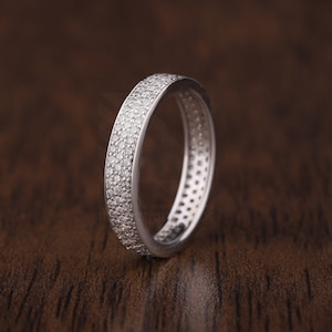 Micro Pave Setting Moissanite Ring, Three Row Diamond Wedding Band, Women&#39;s Full Eternity Band,3 Sided Pave Moissanite Band, 925 Silver Band