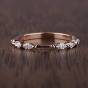 Marquise Cut Bubble Ring Notched Wedding Band, 14K Rose Gold Band, Half Eternity Bubble Prong Set Ring Anniversary Band Wedding Bands Women