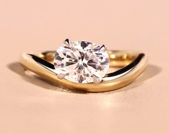 18k Yellow East-West Oval Curved lab Grown Diamond Engagement Ring Prong Set Ring Stacking Jewelry, Solitaire Ring, Handmade Jewelry For Her