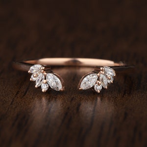Rose Gold Open ring Delicate Diamond Wedding Band vintage petal engagement ring Delicate Stacking matching curved wedding band bridal ring