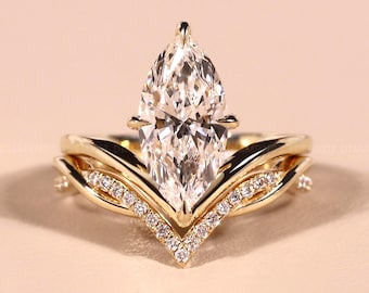 2 CT Marquise Lab Diamond Engagement Ring Set, V Shape Diamond Wedding Ring Set, 14K Yellow Gold Anniversary Ring Set Promise Ring for Woman