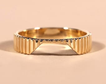 14k Gold Ring 4MM Ribbed Cigar band Stackable Band Ring Women's Gold Wedding Band Textured Cut Out Ring Custom Cut Out Ring Chunky Band