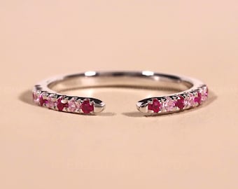Lab Created Pink Ruby & Lab Created Pink Tourmaline Ring open pave wedding band Minimalist Open Gap engagement Ring Stacking Matching Band