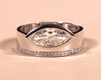 Anillo de compromiso solitario marquesa de oro de 14 quilates con engaste biselado, anillo de banda ancha, anillo nupcial único, regalo de aniversario para ella.