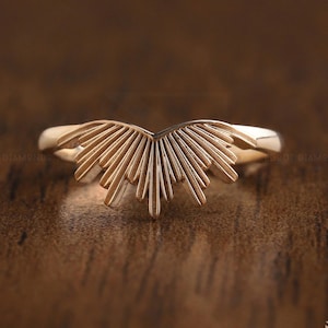 14k Gold Sunshine Ring, Solid Gold Sun Stacking Ring, Womens Sunburst Curved Wedding Ring, Minimalist Ring Rising Sun Ring Solitaire Rings